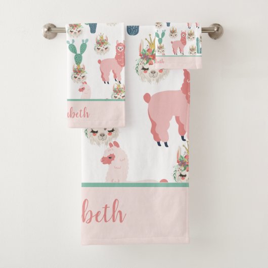Monogram Niedlich Pink Lama's Green Cactus Trendy Badhandtuch Set (Insitu)