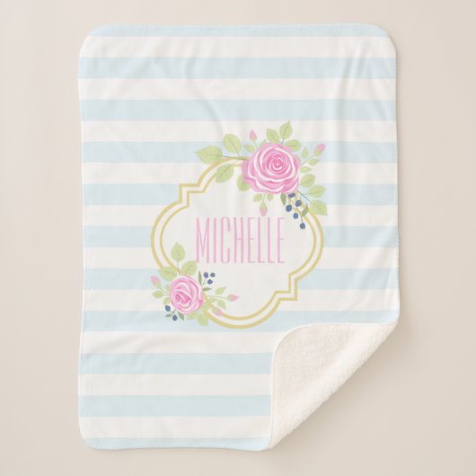 Monogram Niedlich Pink Roses Blueberry Sherpa Blan Sherpadecke (Vorderseite)