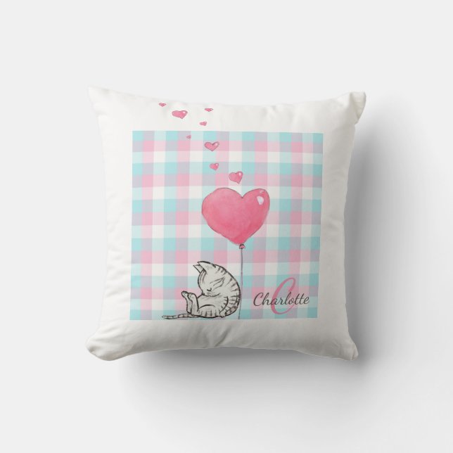 Monogram Niedlich Sleepy Cat Pink Wasserfarbe Kissen (Vorderseite)