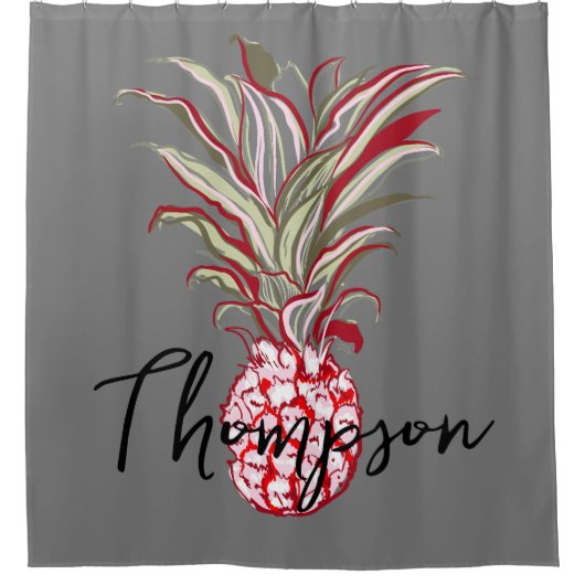 Monogram niedliche Ananas, moderne Schrift grau Duschvorhang (Vorderseite)