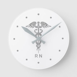 Monogram Nurse Silver Gray Caduceus on White Runde Wanduhr