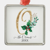 Monogram O Gold Glitzer Christmas Holly Foliage Ornament Aus Metall (Vorne)