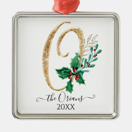 Monogram O Gold Glitzer Christmas Holly Foliage Ornament Aus Metall