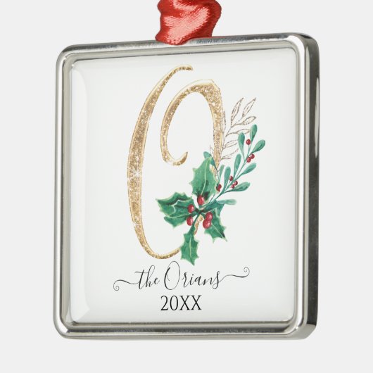 Monogram O Gold Glitzer Christmas Holly Foliage Ornament Aus Metall (Links)