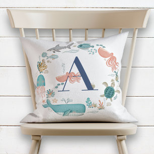 Monogram Ocean Animals Alphabet Letter A Kissen
