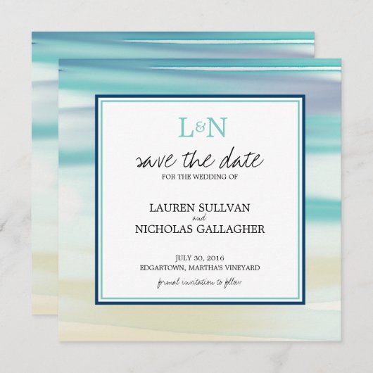 Monogram Ocean Watercolor Save the Date (Vorne/Hinten)
