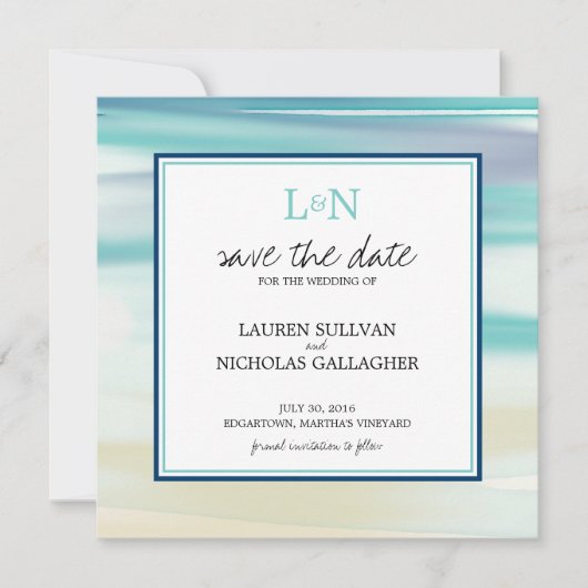 Monogram Ocean Watercolor Save the Date (Vorderseite)
