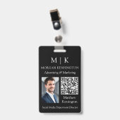 Monogram oder Add Logo Business Black QR Code Foto Ausweis (Vorderseite mit Clip)
