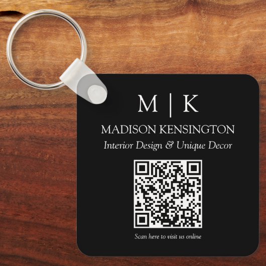 Monogram oder Add-Logo Business Black QR-Code-Plat Schlüsselanhänger (Vorderseite)