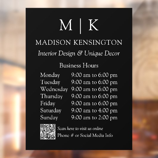 Monogram oder Add-Logo Geschäftszeiten QR-Code sch Fensteraufkleber (Blatt 2)