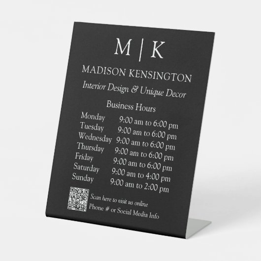 Monogram oder Add-Logo Geschäftszeiten QR-Code sch Sockelschild (Vorderseite)