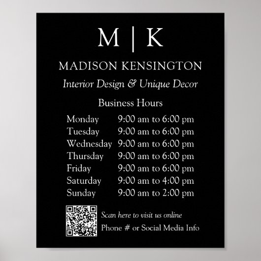 Monogram oder Add-Logos Geschäftszeiten QR Small B Poster (Vorne)