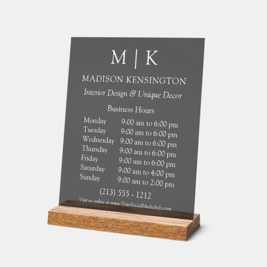 Monogram oder Add-Logos Geschäftszeiten Schwarz Acrylschild (Winkel)