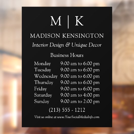 Monogram oder Add-Logos Geschäftszeiten Schwarz Fensteraufkleber (Blatt 2)