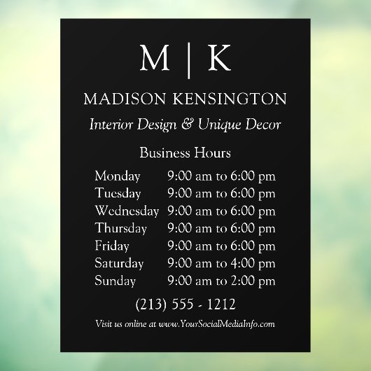 Monogram oder Add-Logos Geschäftszeiten Schwarz Fensteraufkleber (Blatt 3)