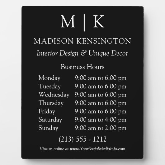 Monogram oder Add-Logos Geschäftszeiten Schwarz Fotoplatte (Vorderseite)