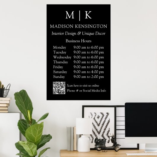 Monogram oder Add-Logos Geschäftszeiten schwarzer  Poster (Heimbüro)