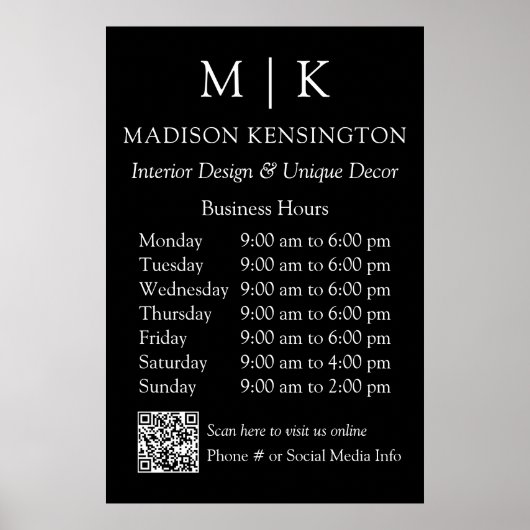 Monogram oder Add-Logos Geschäftszeiten schwarzer  Poster (Vorne)