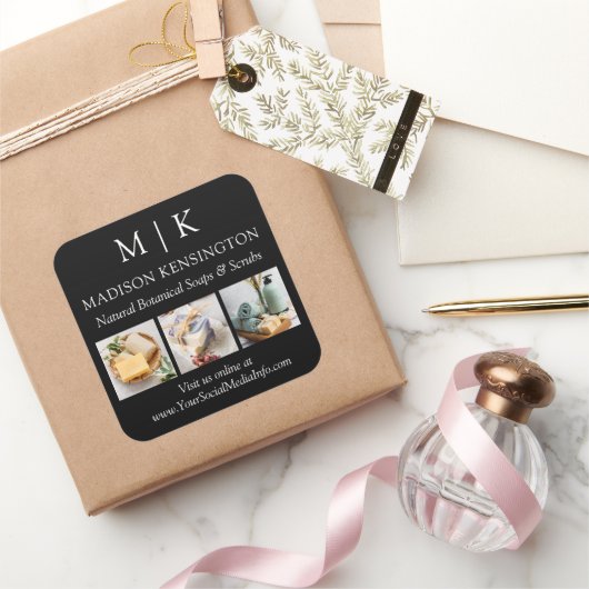 Monogram oder Logo-Business hinzufügen 3 Fotos sch Quadratischer Aufkleber (Schenken)