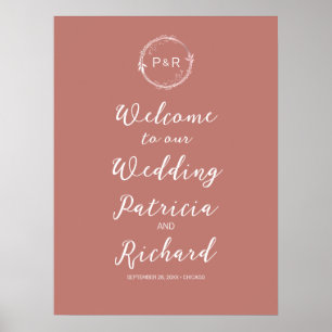 Monogram Old Rose Wedding Welcome Sign Board Poster