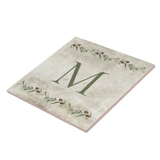 Monogram Olive & Branches Rustikal Personalisiert Fliese (Seite)