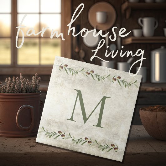 Monogram Olive & Branches Rustikal Personalisiert Fliese