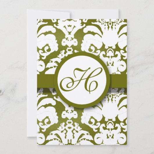 Monogram Olive Damask Einladung (Vorderseite)