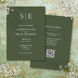 Monogram Olive Green QR Code Hochzeit Einladung