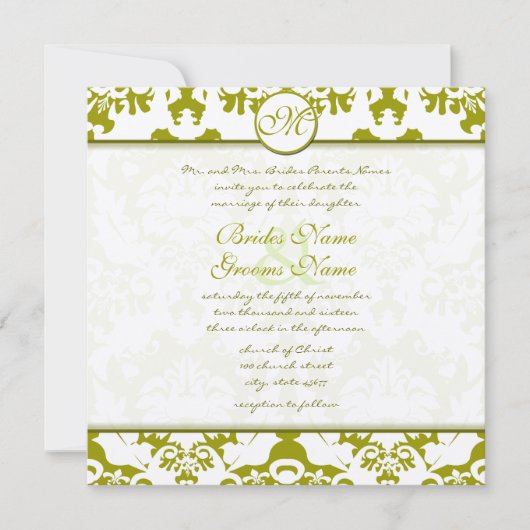 Monogram Olive Limon Damask Einladung (Vorderseite)