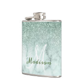 Monogram Ombre Mint Green Marble Glitzer Flachmann (Links)