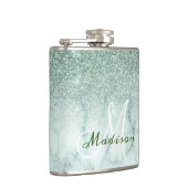 Monogram Ombre Mint Green Marble Glitzer Flachmann (Rechts)