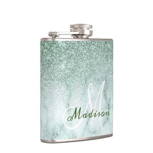 Monogram Ombre Mint Green Marble Glitzer Flachmann (Rechts)