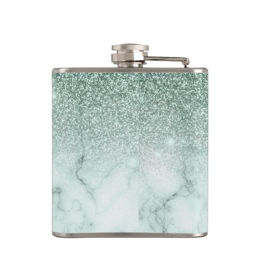 Monogram Ombre Mint Green Marble Glitzer Flachmann (Rückseite)