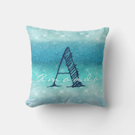 Monogram Ombre Name Blue Aqua Ocean Navy Glitte Kissen