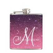 Monogram Ombre Pink Lila Glitzer Geschenk Flachmann (Vorderseite)