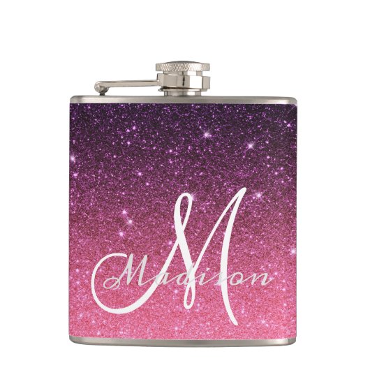 Monogram Ombre Pink Lila Glitzer Geschenk Flachmann (Vorderseite)