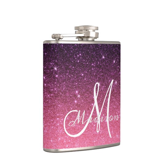 Monogram Ombre Pink Lila Glitzer Geschenk Flachmann (Rechts)