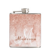 Monogram Ombre Rose Gold Marble Glitzer Flachmann (Vorderseite)