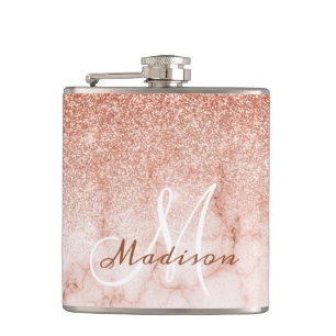 Monogram Ombre Rose Gold Marble Glitzer Flachmann