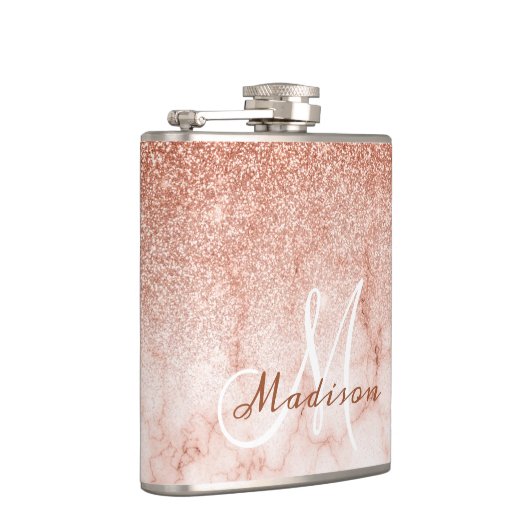 Monogram Ombre Rose Gold Marble Glitzer Flachmann (Rechts)