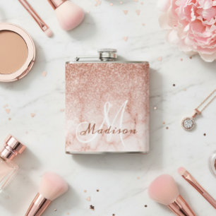 Monogram Ombre Roségold Marmor Glitter Flachmann