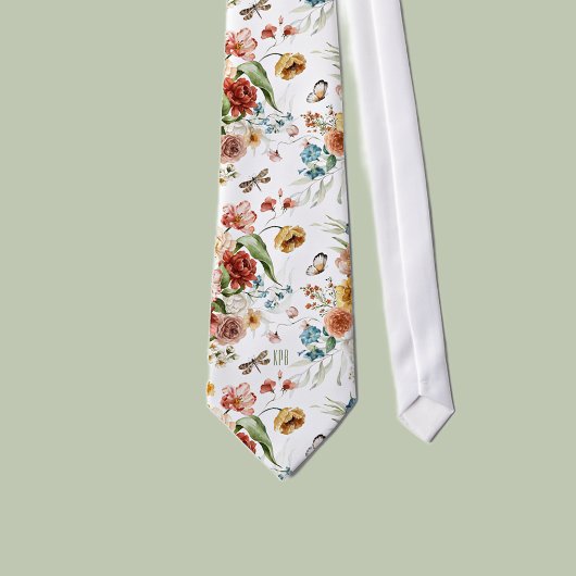 Monogram on Colorful Floral Still Life Art White Krawatte