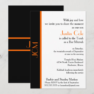 Monogram Orange Black Bar Mitzvah Einladung