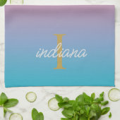 Monogram Orange Blue Ombre Modern Script Name Geschirrtuch (Gefaltet)