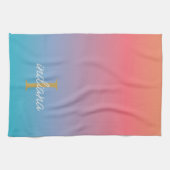 Monogram Orange Blue Ombre Modern Script Name Geschirrtuch (Horizontal)