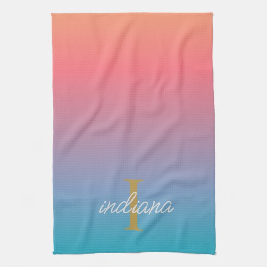 Monogram Orange Blue Ombre Modern Script Name Geschirrtuch (Vertikal)