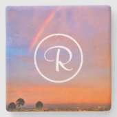 Monogram Orange Blue Sunset Rainbow Foto Stilvoll Steinuntersetzer (Vorderseite)