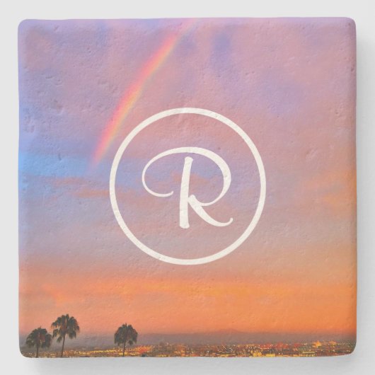 Monogram Orange Blue Sunset Rainbow Foto Stilvoll Steinuntersetzer (Vorderseite)