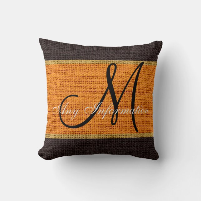 Monogram Orange & Brown Rustic Burlap Jute Kissen (Vorderseite)