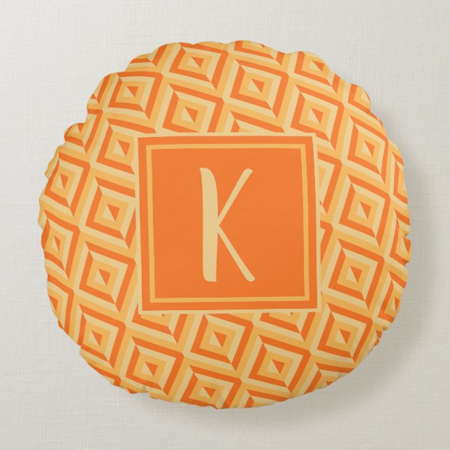 Monogram Orange Drei-Tonen-Diamantmuster Rundes Kissen (Vorderseite)